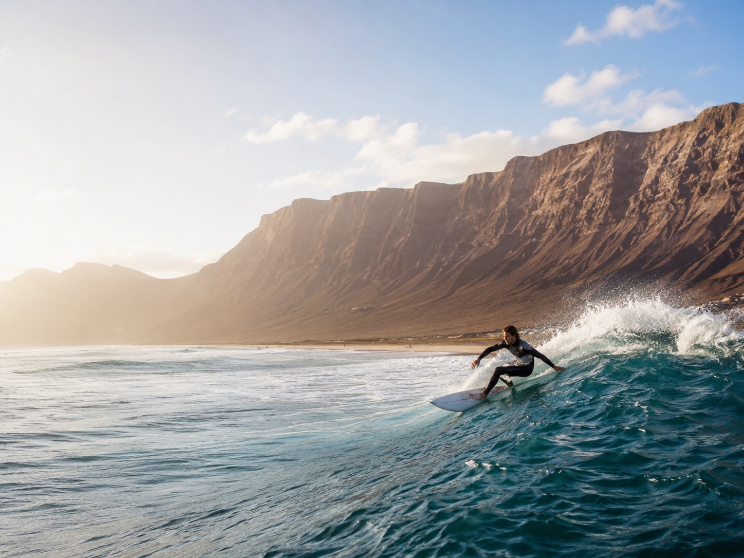 Surfer am Strand von Famara vor den Klippen im Norden Lanzarotes