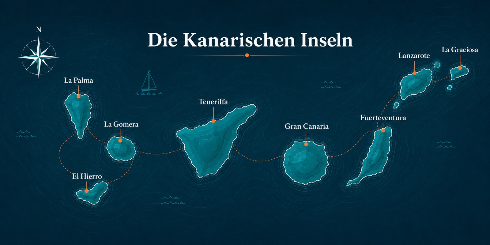Illustrierte Karte der acht Kanarischen Inseln im Atlantik: La Palma, El Hierro, La Gomera, Teneriffa, Gran Canaria, Fuerteventura, Lanzarote und La Graciosa